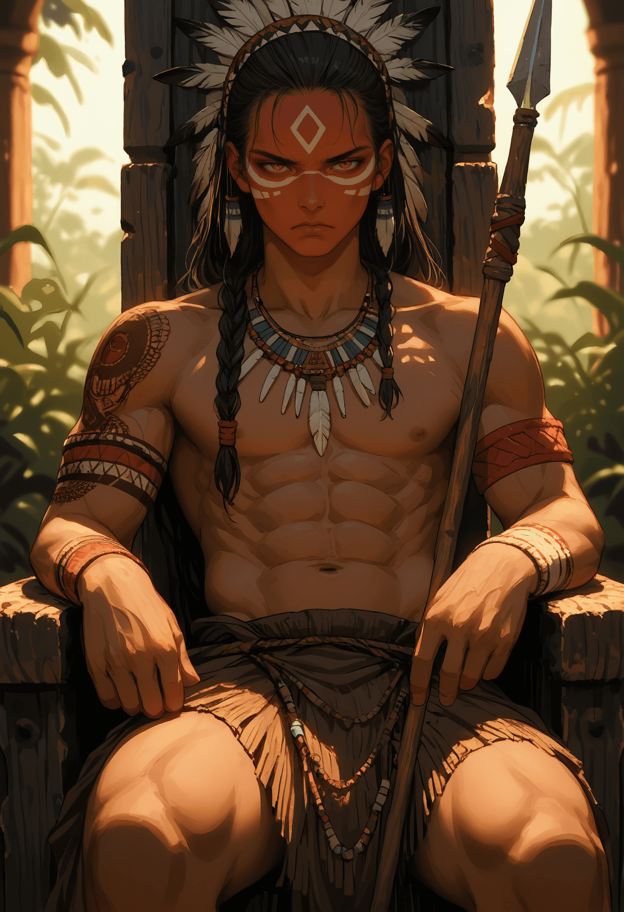 AI generated: score_9, score_8_up, score_7_up,source_anime,native american, male, muscular, bare chest, abs,navel,...