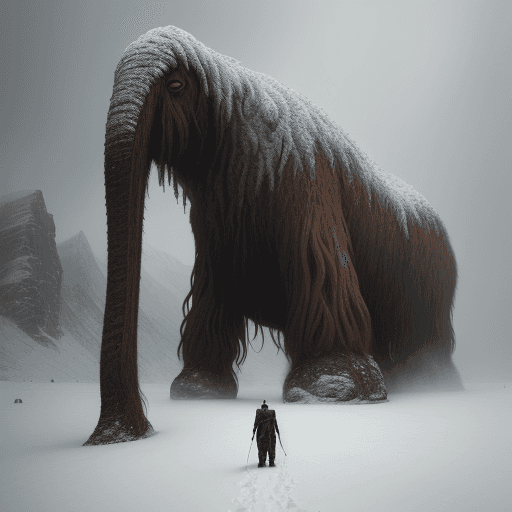 AI generated: a hilly area full of snow and animals, distant mountains, giant wooly mammoth in the style of otherw...