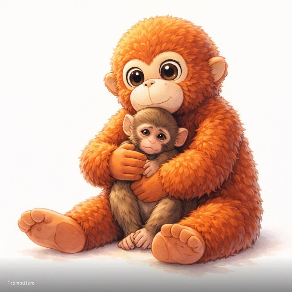 AI generated: anime storybook style illustration, emotional scene, tiny baby monkey with soft brown fur sitting sa...
