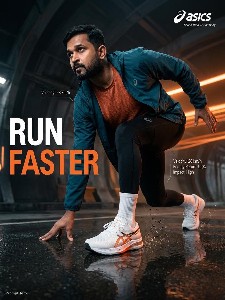 AI generated: Create an ultra-high resolution (8K) premium ASICS sportswear advertisement with a cinematic, editor...
