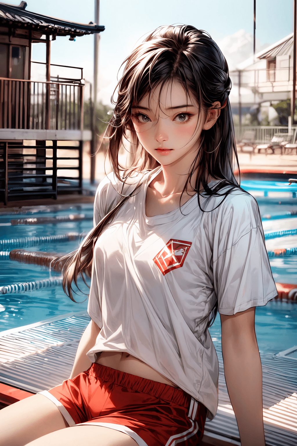AI generated: (Asian girl as a lifeguard, sitting in the sun, lifeguard tower, plain white shirt, red shorts), 8k,...