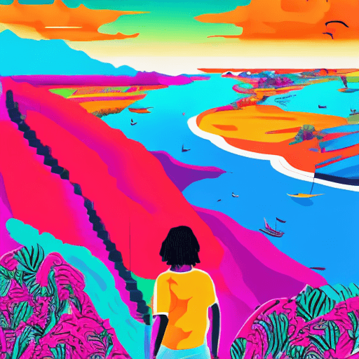 AI generated: vibrant scenes, person looking at the horizon on the left side of the image, Punchy Vector --ar 3:2 ...