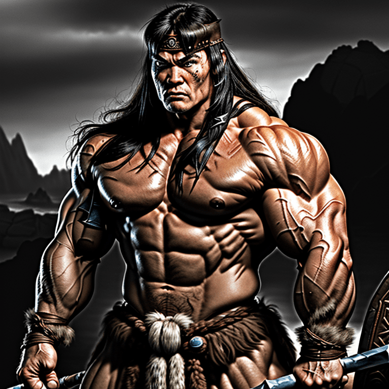 AI generated: conan the barbarian arnold, muscular, rugged, aggressive, battle pose, 8k, sharp focus, ultra realis...