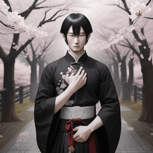 AI generated: anime man in full blut outfit holding Japanese tshirt and wearing black skirt, in the style of tradi...
