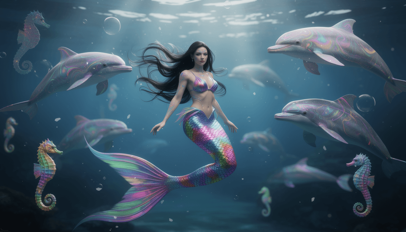 AI generated: Beautiful hyper-realistic image of a psychedelic 8k mermaid,with long bright black hair,has a colorf...