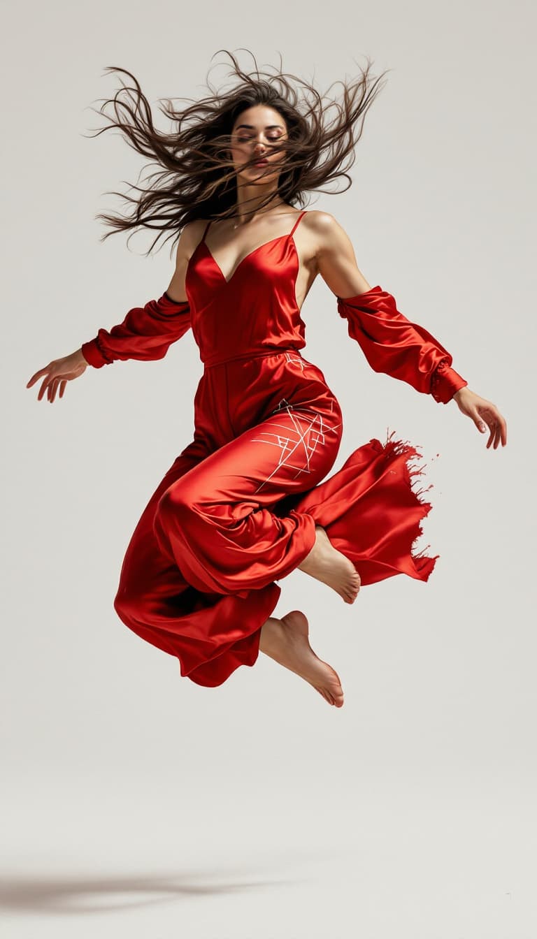 AI generated: 3. A dynamic, full-body action shot of a woman mid-leap, her body a study in controlled movement. Sh...