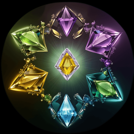 AI generated: light-based magic, flowing through five levitating gems: one yellow topaz gem, one blue sapphire gem...