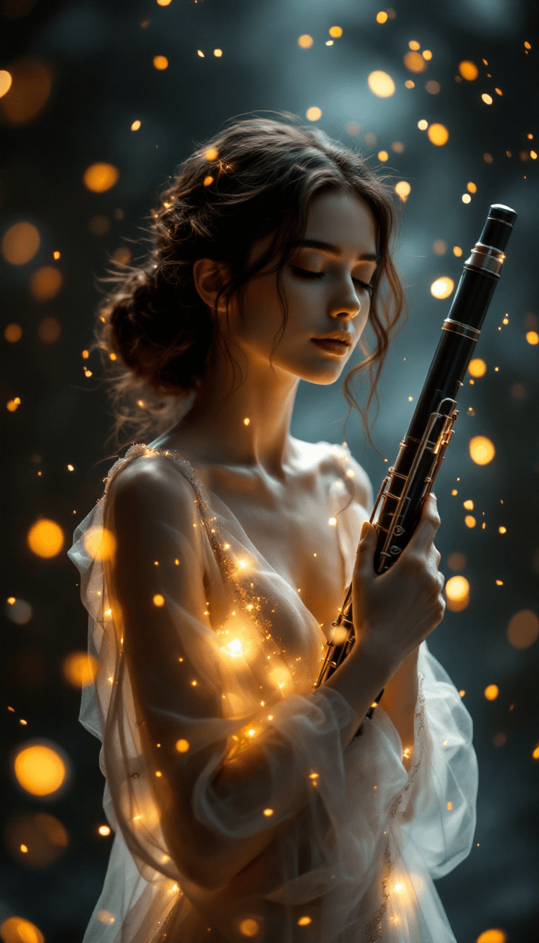 AI generated: A graceful young woman stands in a dimly lit, ethereal space, holding a grand bassoon as golden spar...
