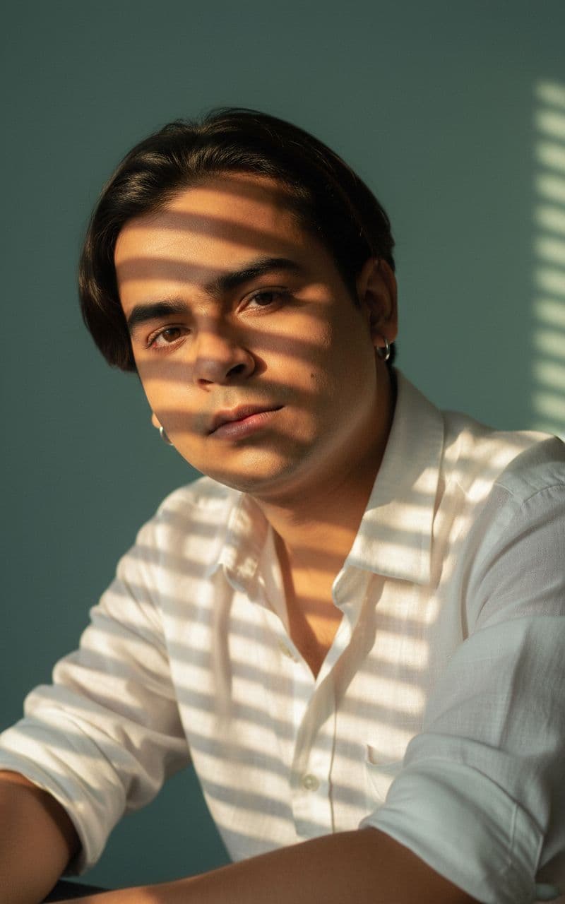 AI generated: Close-up portrait of A handsome, stylish young man with . He wears one small, silver hoop earring in...