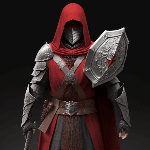 AI generated:  man cleric from the Middle Ages, with face covered by shade of dark-red hood, in scaled armour and ...