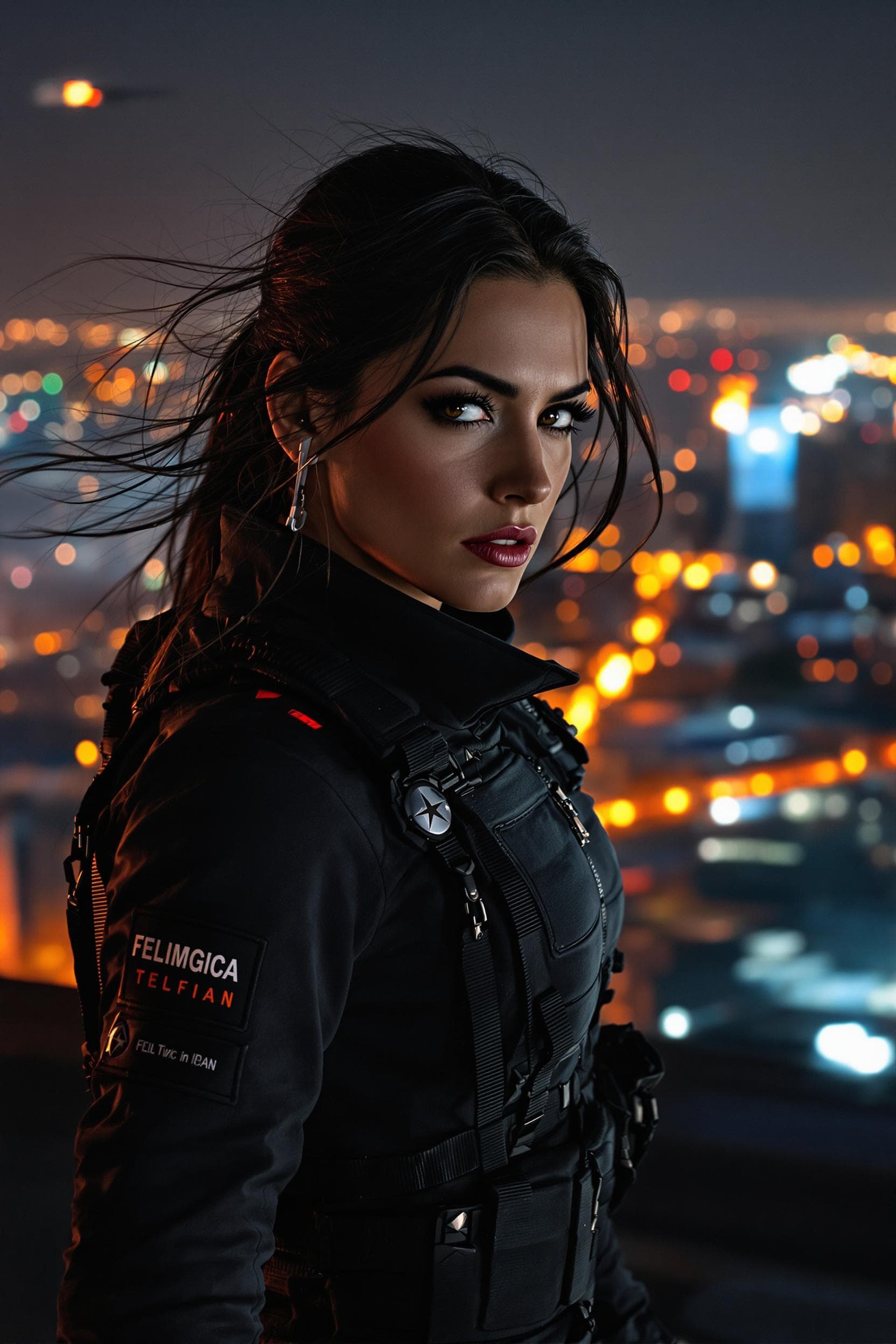 AI generated: A hyper-realistic Italian woman in her late 20s standing at the edge of a rooftop at night, overlook...