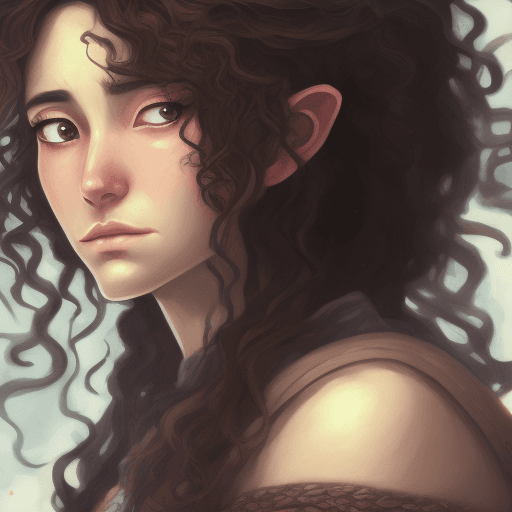 AI generated: A fantasy Anime style painting wide portrait of female hobbit art character with curly brown messy h...