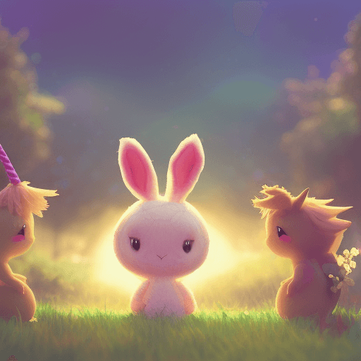 AI generated: cute fuzzy bunny and rainbow unicorn characters, best friends hanging out in a fantasy field, golden...