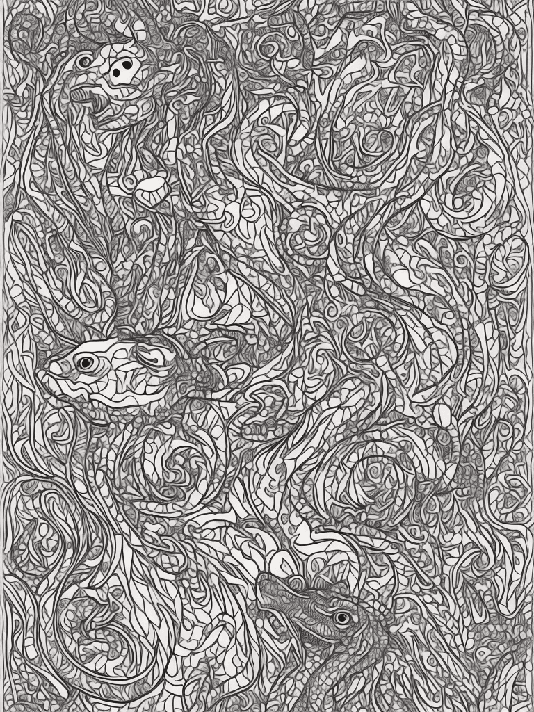 AI generated: coloring page for adults, trippy, dinosaurs, line art