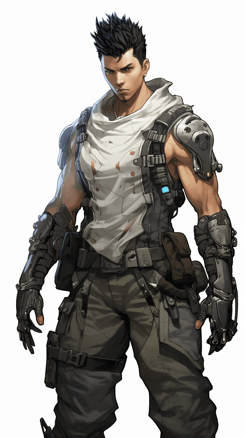 AI generated: game 2d art, image of lewis tan as a apocalyptic soldier with heavy armor, green eyes, black tank to...