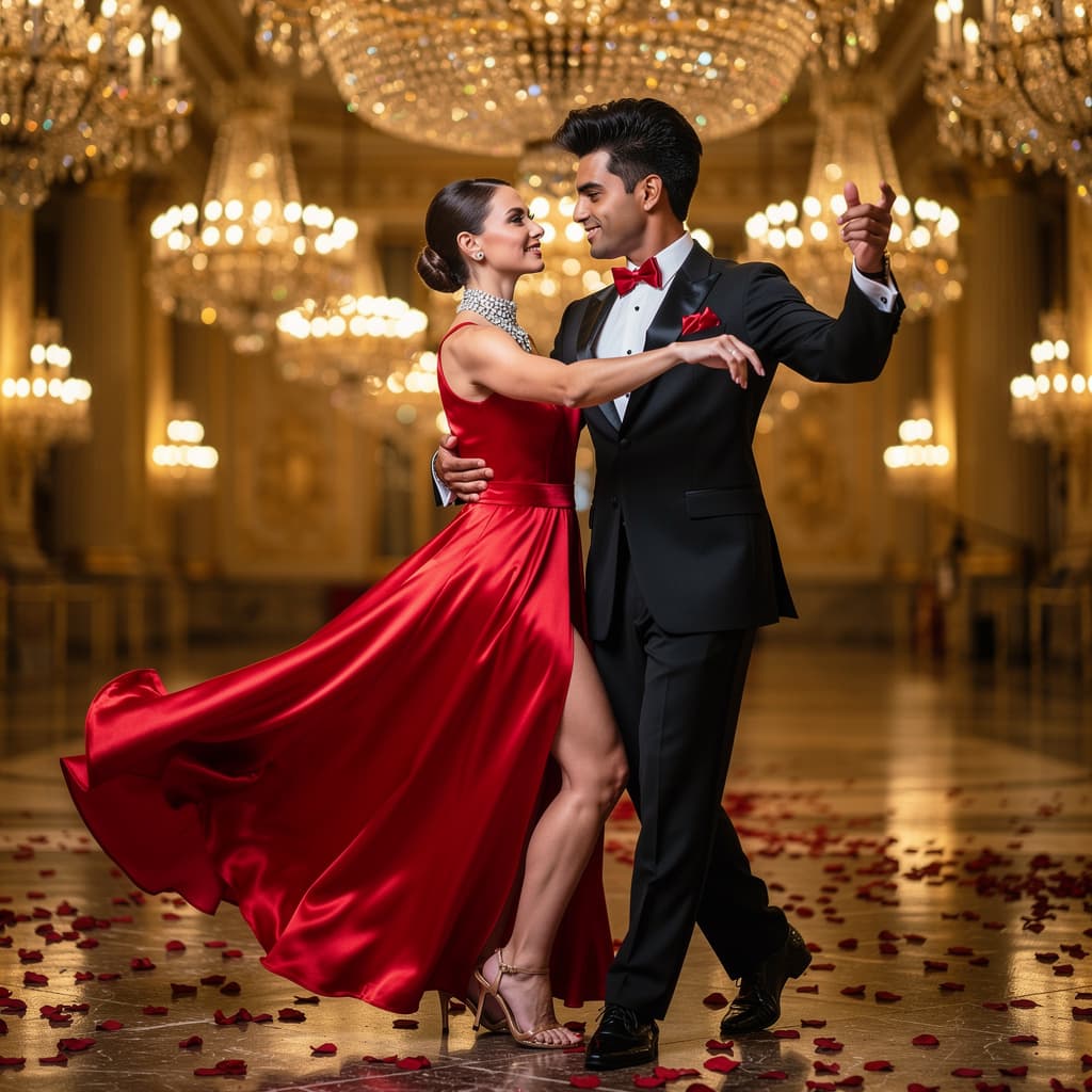 AI generated: Create an elegant photo of a couple dancing in a grand ballroom with crystal chandeliers and marble ...