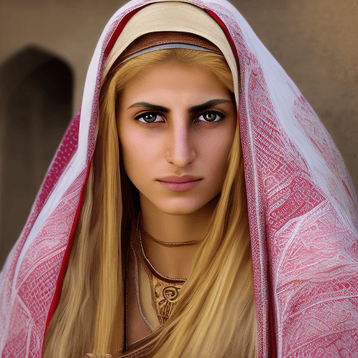 AI generated: Ultra high resolution photography of a medieval Middle Eastern Woman named Aya, with blond hair