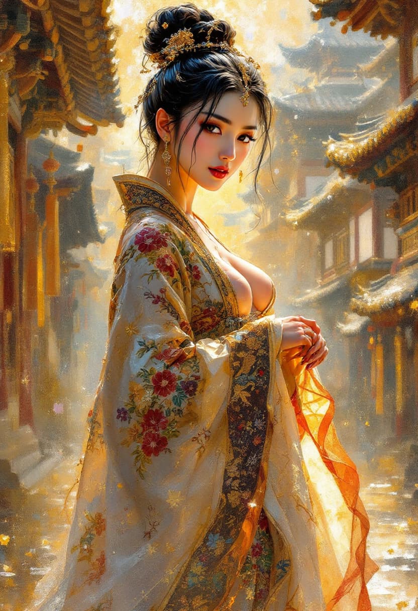 AI generated: Impressionist oil painting of a Asian Queen, Korean model, stunningly beautiful, full body, traditio...