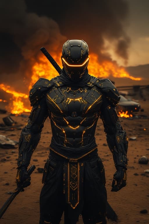 AI generated: A futuristic ninja warrior standing confidently in a desolate, post-apocalyptic landscape engulfed i...