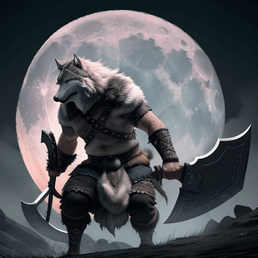 AI generated: a viking wolf wearing a blindfold over its eyes carrying a doublesided4 axe in both hands55 with a f...