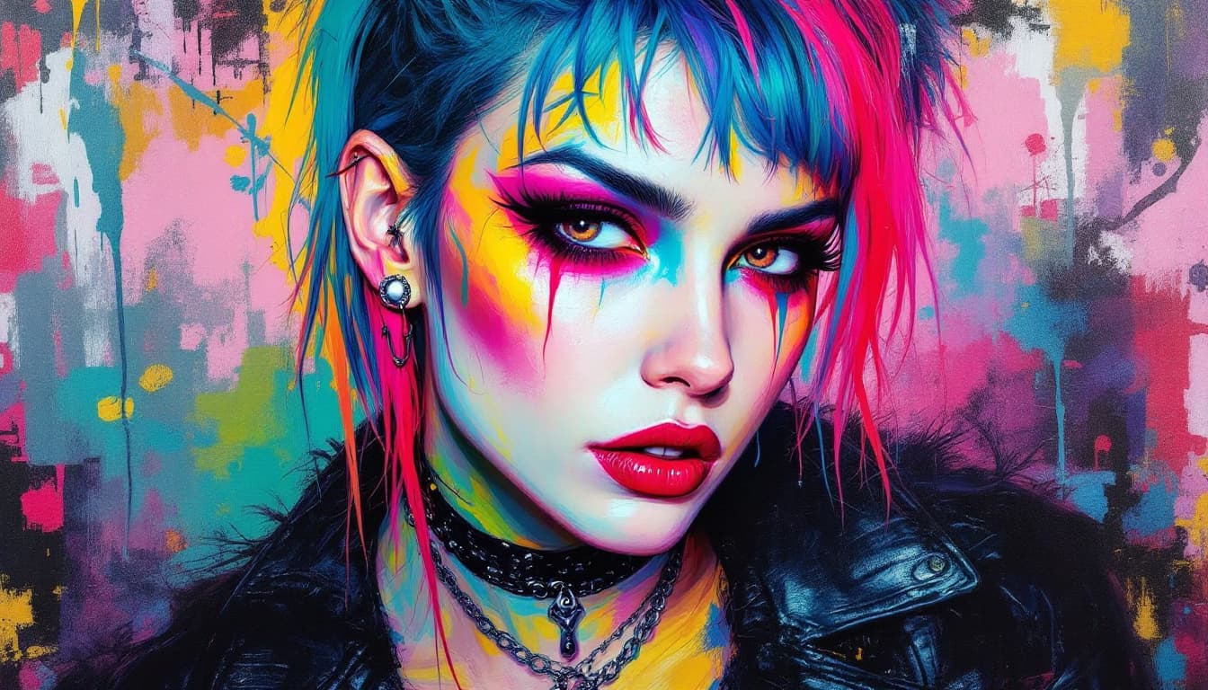 AI generated:  A lively and energetic oil painting in bright, vibrant colors depicting a punk gothic woman with pi...