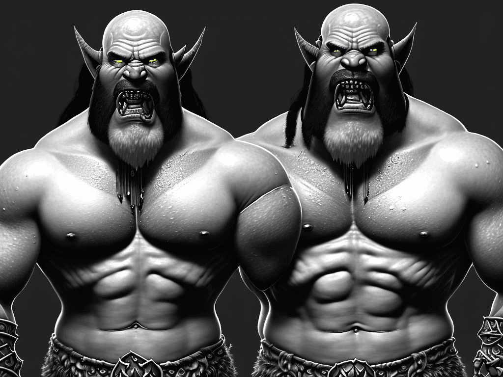 AI generated: tattooed, muscled sweaty shirtless half - orc barbarian champion with a full dark beard, visibly thi...