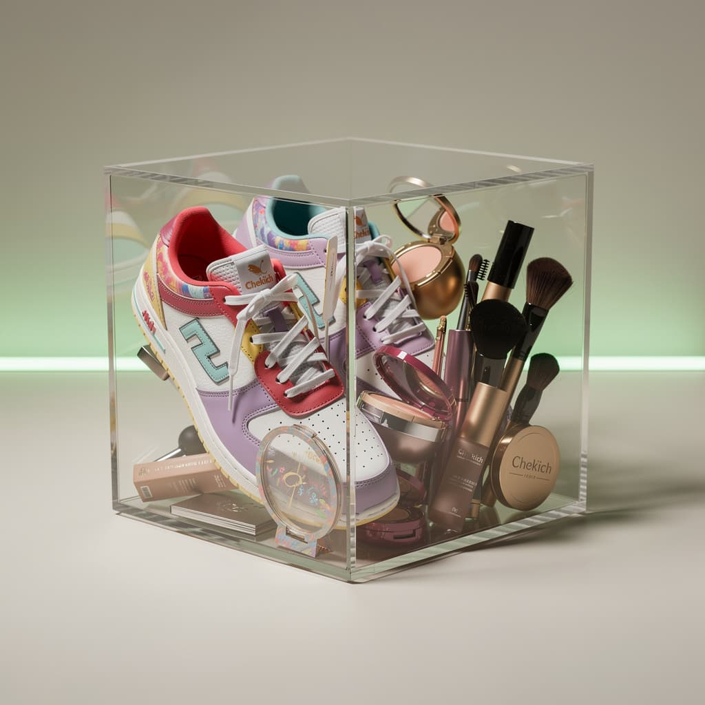AI generated: Clear plastic cube full of colorful recognizable found objects such as Chekich sneakers, makeup. stu...