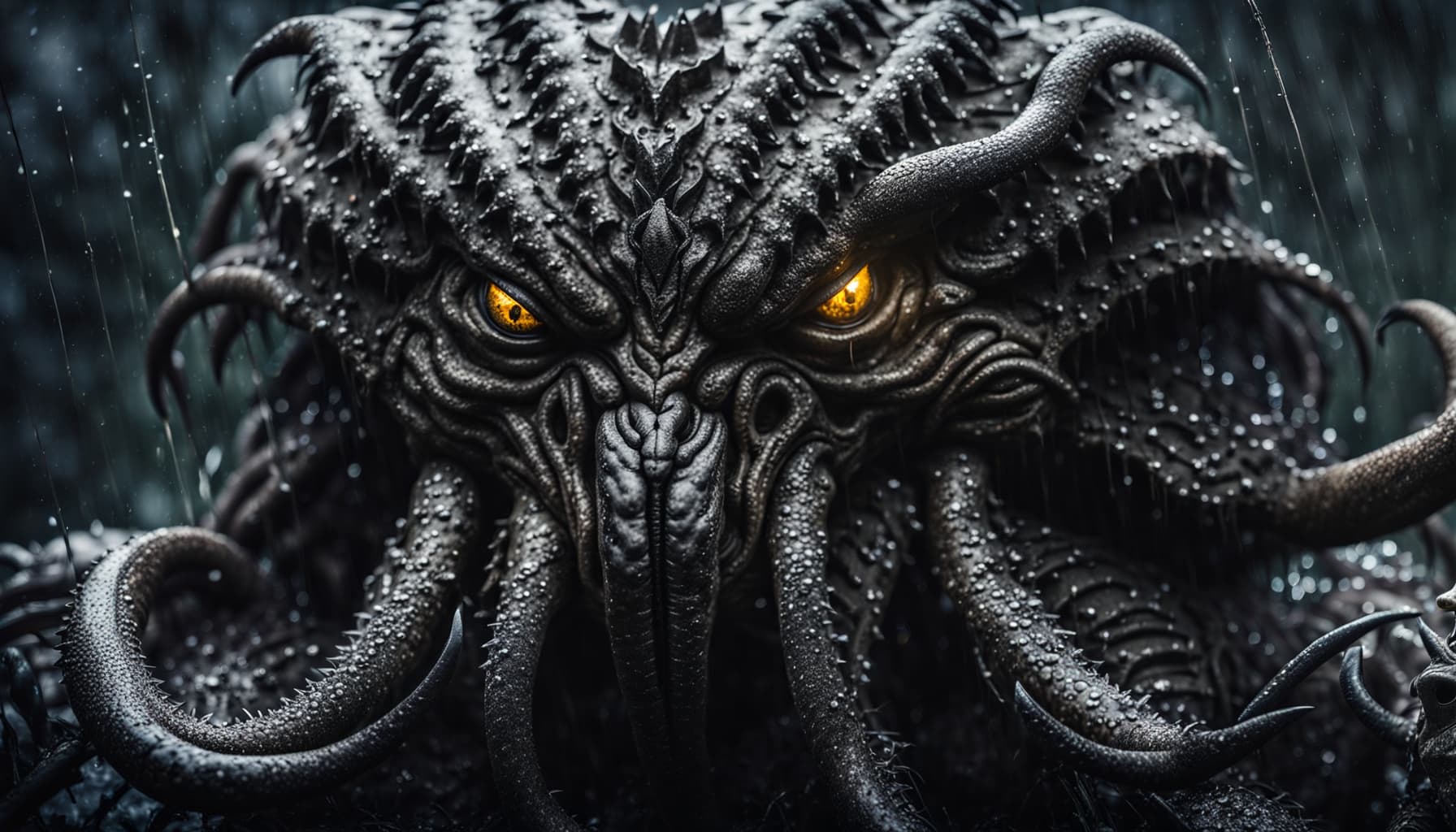 AI generated: 50mm portrait photograph, Cthulhu ((huge [scrawny], aesthetic antropomorphic body:1.9, it is pouring...