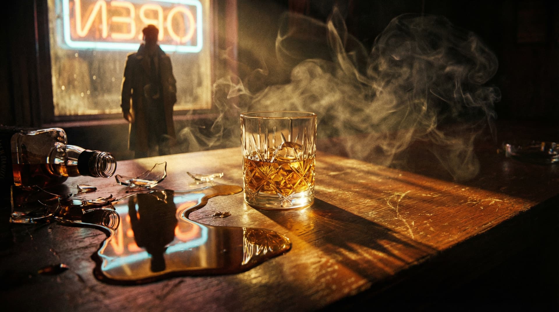 AI generated: Interior of a dark, gritty 1984 New York dive bar, cinematic noir atmosphere. Medium close-up on a s...