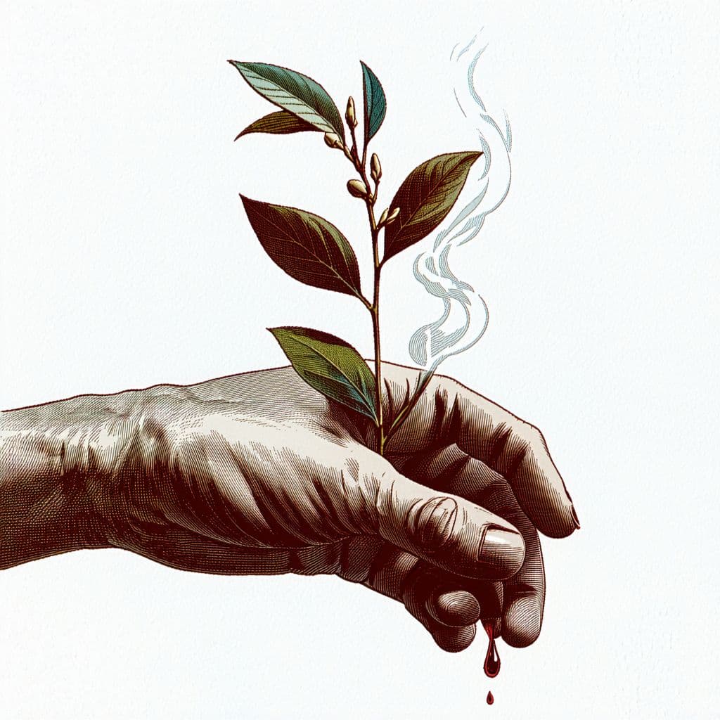 AI generated: A hand holding a Belladonna branch to make a potion. The branch should be in the foreground, and the...