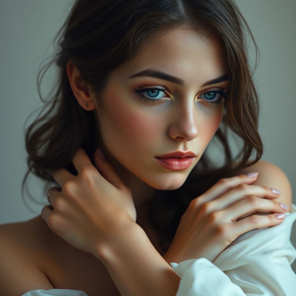 AI generated: Ein verträumtes, aber tief melancholisches Porträt einer eleganten jungen Frau mit dunklem, welligem...