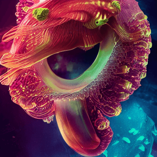 AI generated: goddess close-up portrait ribcagel. jellyfish phoenix head, nautilus, orchid, skull, betta fish, bio...