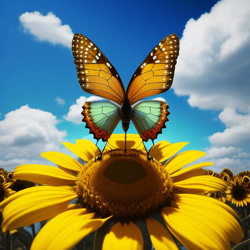 AI generated: una mariposa con colores amarillo, rojo, celeste posando en un girasol gigante, que su cielo celeste...