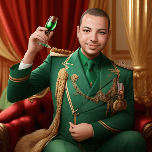 AI generated: The gay King of Morocco, Mohammed VI, holds a green wine bottle in his hand