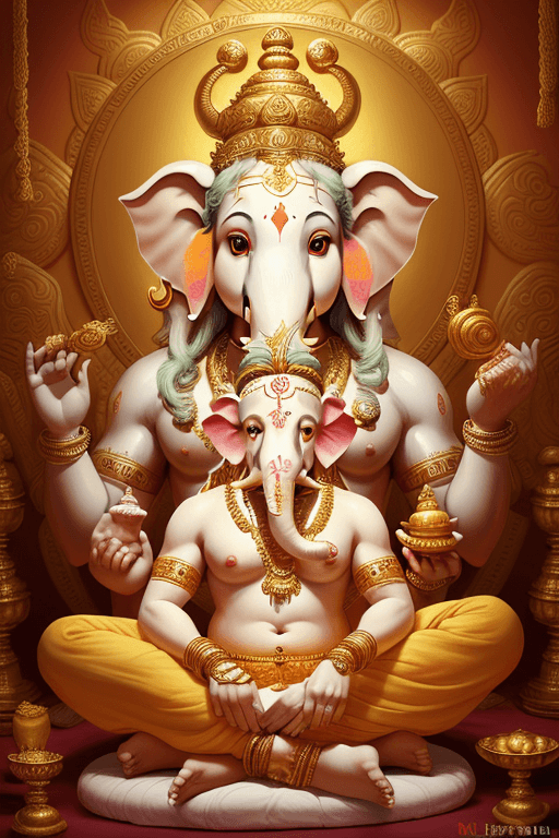 AI generated: Painted portrait of Ganesh in his bright luxurious Hindu style room,his body was white and bright bo...
