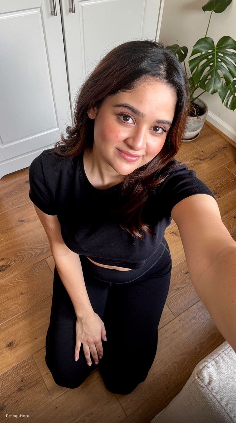AI generated: {
  "subject": {
    "description": "Young Asian woman kneeling, high-angle perspective.",
    "mirr...