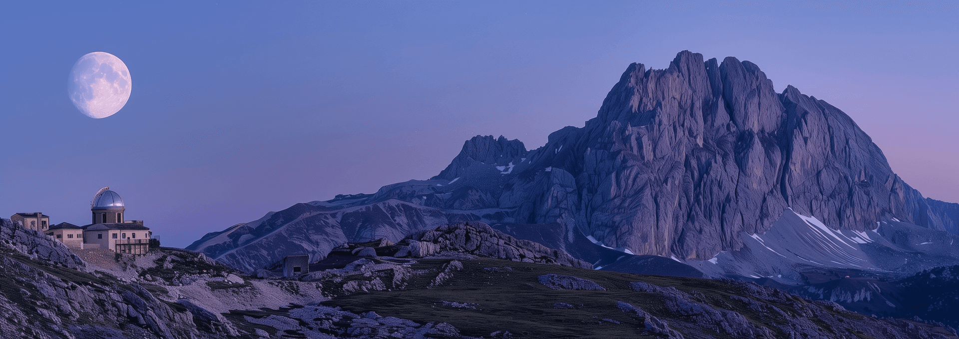 AI generated: panoramic photo of the full moon rising over Aimenta da Gu Surreal landscape with Mount Pelly, an ob...
