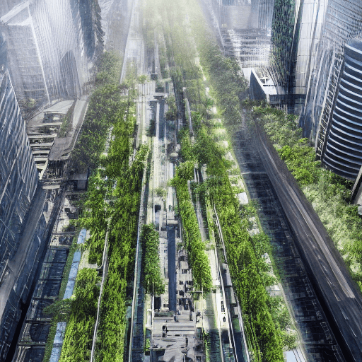 AI generated:   "A city of the future where nature and technology have merged seamlessly, with towering buildings ...