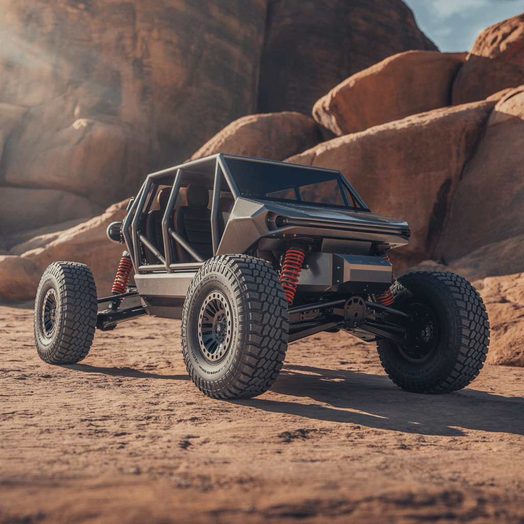 AI generated: All-terrain custom car, tmilitary tires, swing arms, suspension, exposed mechanical components, high...