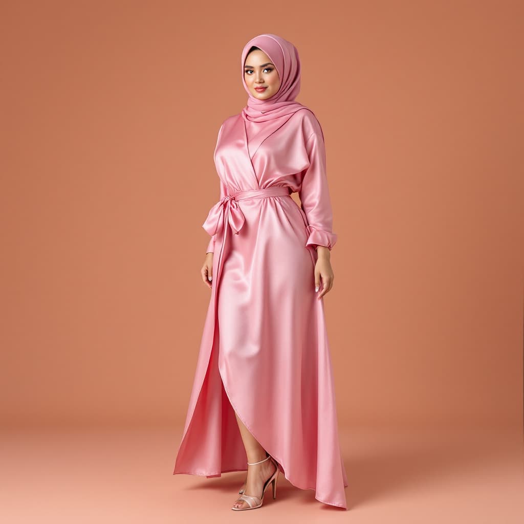 AI generated: curvy indonesian wearing pink 
satin hijabs and high heels
