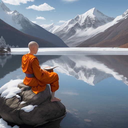 AI generated: A young Buddhist monk in bright orange robes sitting on a rock by a tranquil mountain lake. The lake...