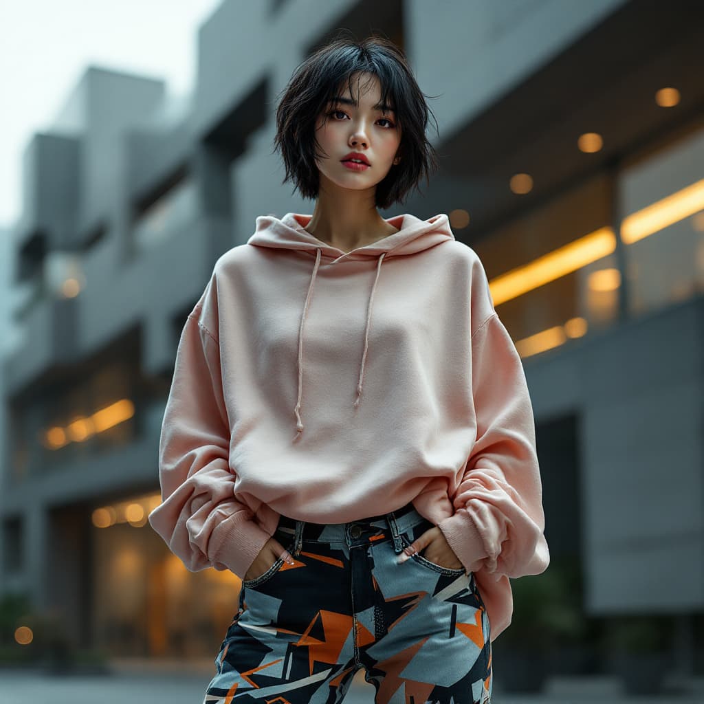 AI generated: High fashion photo of a slim, small breast, flat chest, abs, young asian female supermodel, with sho...