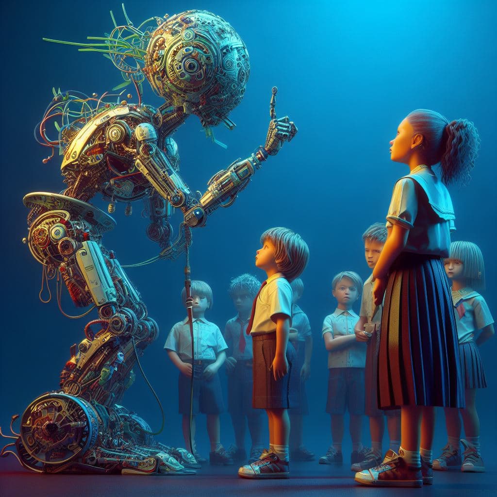 AI generated: An android nanny telling children to behave, photorealistc 3d digital art