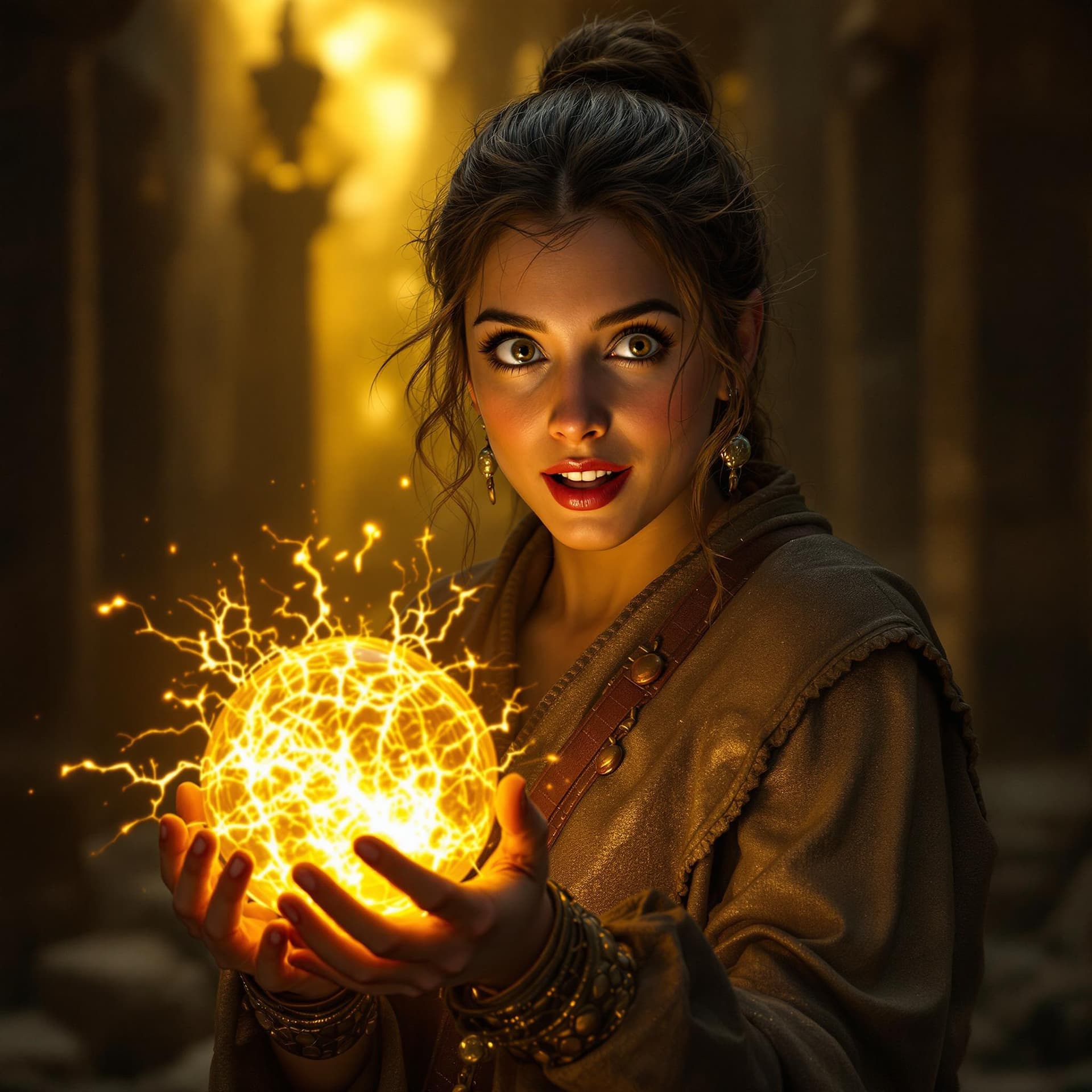 AI generated: Epic Adventure Shot: UHD, fantasy action movie still, half-body portrait of an astonished smiling 30...