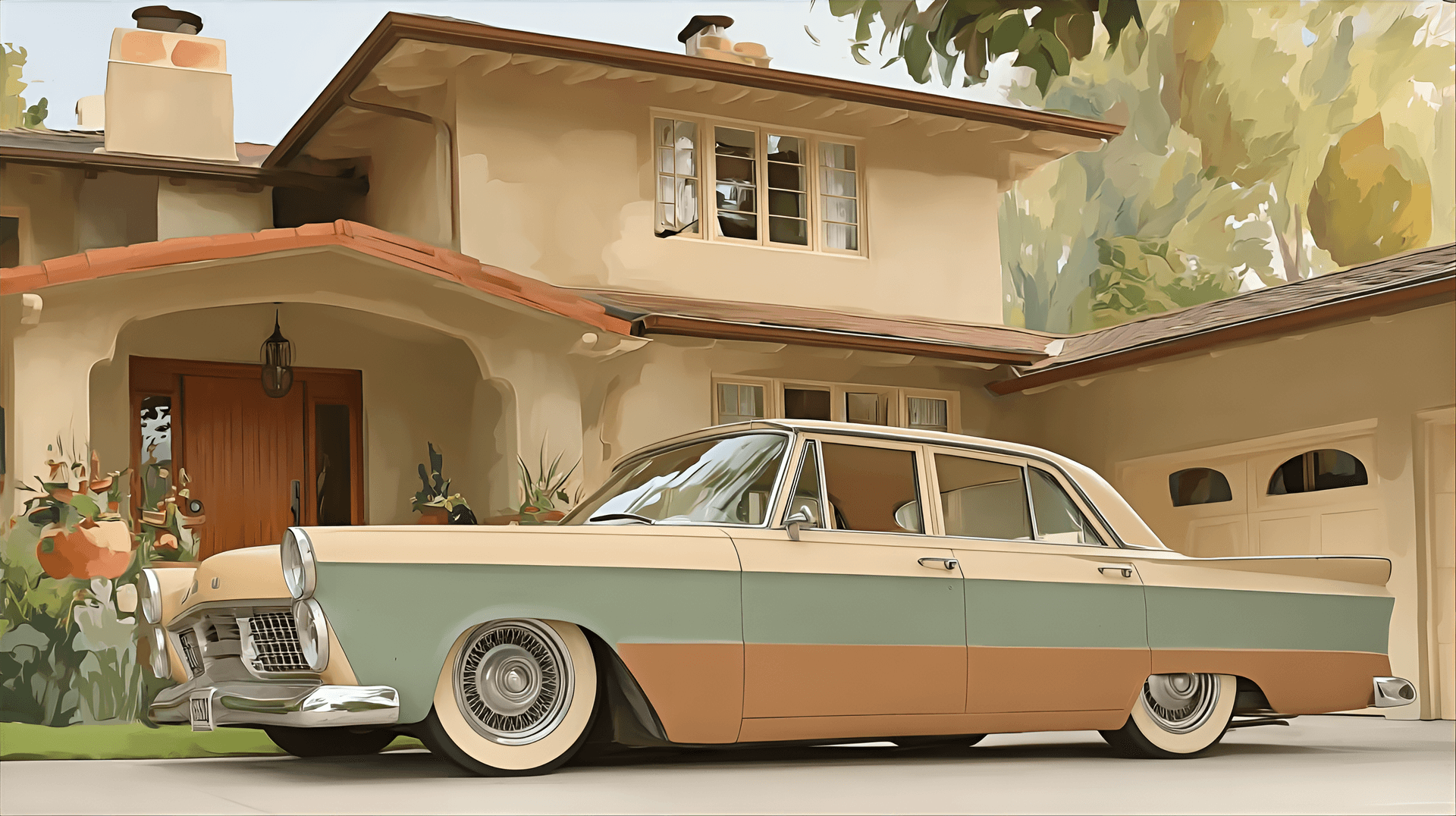 AI generated: custom lowrider style, classic american car with two-tone paint job, lowered suspension, custom whee...