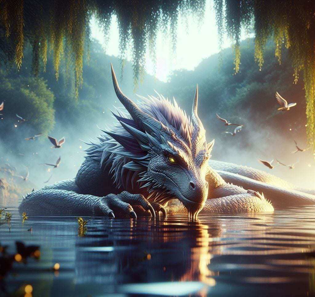 AI generated: a hyper-realistic photo of a stunning anthropomorphic dragon on a lake's surface. Add a touch of atm...