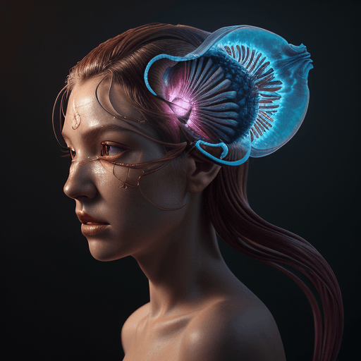 AI generated: Goddess close-up portrait ribcagel. jellyfish phoenix head, nautilus, orchid, skull, betta fish, bio...