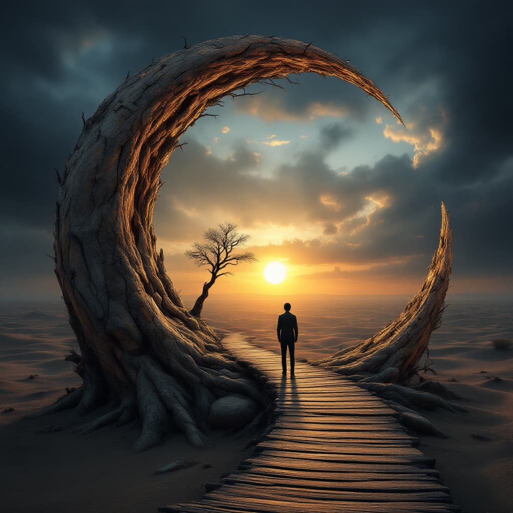 AI generated: Surreal digital artwork featuring a crescent-shaped tree stump in a vast, dreamlike landscape. The c...