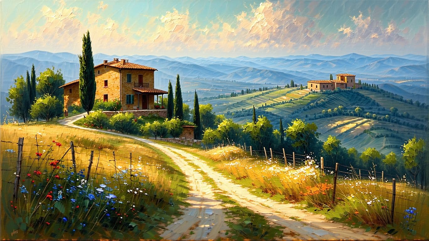 AI generated: impressionist painting on canvas of Tuscany, beautiful landscape with Tuscan farmhouse, in the style...