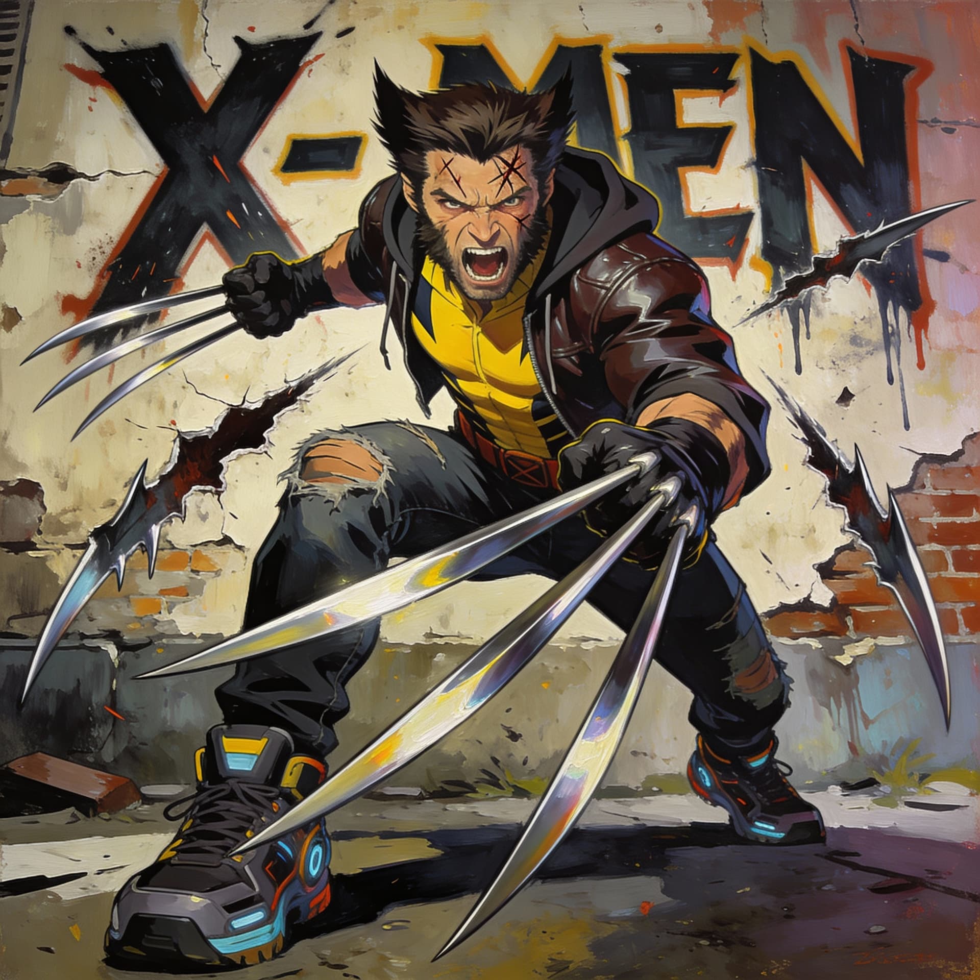 AI generated:  POV illustration of a maskless Wolverine in full berserker rage, his face looks like a feral animal...